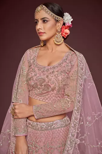 Pearl Pink Net Zari Thread & Glitter Dori Embroidery Work Wedding Festival Party Wear Designer Lehenga Choli