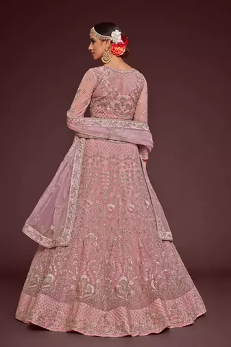 Pearl Pink Net Zari Thread & Glitter Dori Embroidery Work Wedding Festival Party Wear Designer Lehenga Choli