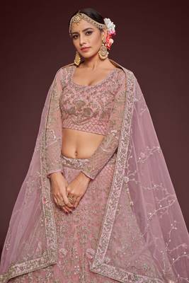 Pearl Pink Net Zari Thread & Glitter Dori Embroidery Work Wedding Festival Party Wear Designer Lehenga Choli 5