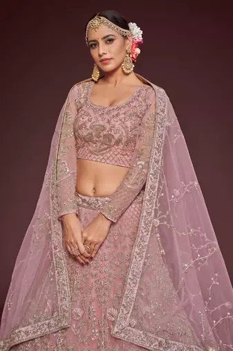 Pearl Pink Net Zari Thread & Glitter Dori Embroidery Work Wedding Festival Party Wear Designer Lehenga Choli