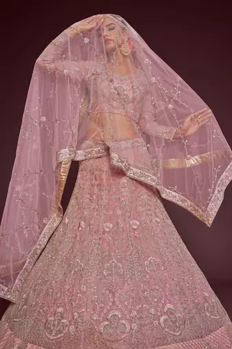 Pearl Pink Net Zari Thread & Glitter Dori Embroidery Work Wedding Festival Party Wear Designer Lehenga Choli
