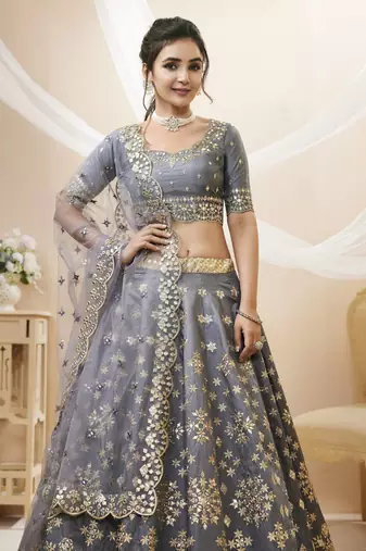 Grey Art Silk Sequince Foil & Zari Embroidery Work Wedding Festival Party Wear Designer Lehenga Choli