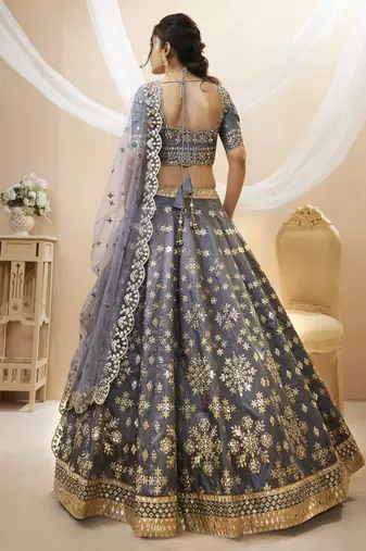 Grey Art Silk Sequince Foil & Zari Embroidery Work Wedding Festival Party Wear Designer Lehenga Choli