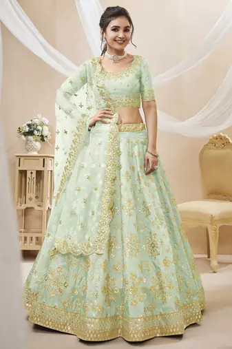Pista Art Silk Sequince Foil & Zari Embroidery Work Wedding Festival Party Wear Designer Lehenga Choli