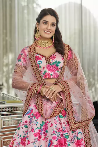 Light Pink Art Silk Digital Print Dori Sequins Embroidery Stone Work Wedding Festival Party Wear Designer Lehenga Choli
