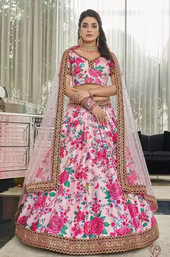 Light Pink Art Silk Digital Print Dori Sequins Embroidery Stone Work Wedding Festival Party Wear Designer Lehenga Choli