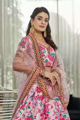 Light Pink Art Silk Digital Print Dori Sequins Embroidery Stone Work Wedding Festival Party Wear Designer Lehenga Choli