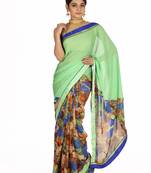 Hand Dyed Green Printed Georgette Sustainable Saree