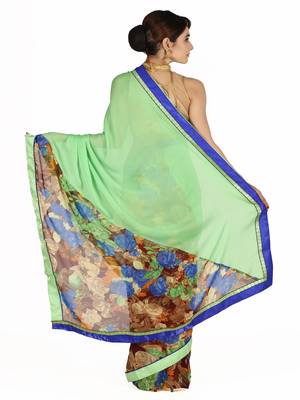 Hand Dyed Green Printed Georgette Sustainable Saree 2
