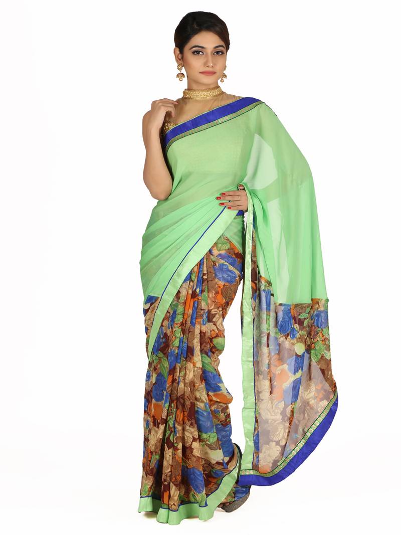 Hand Dyed Green Printed Georgette Sustainable Saree