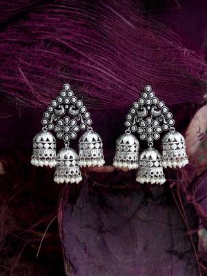 Women silver plated stone-studded oxidised jhumka 1