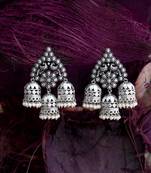 Women silver plated stone-studded oxidised jhumka
