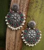Women silver plated red and green stone-studded earing