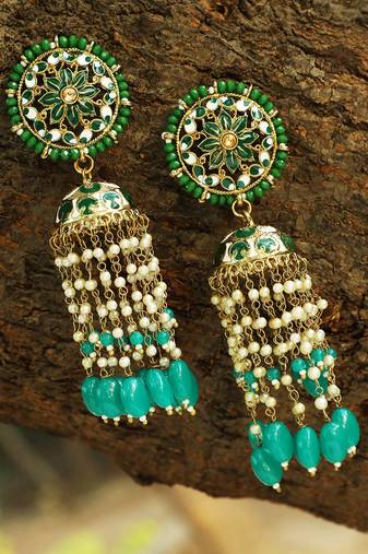 Gold plated beautiul pearl and enameld handcrafted jhumkas