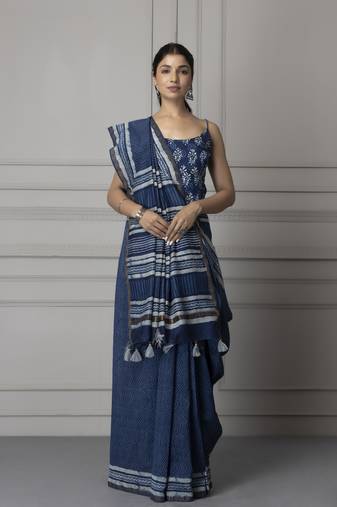 Geroo Jaipur Hand Block Printed Indigo Pure Chanderi Silk Sustainable Saree