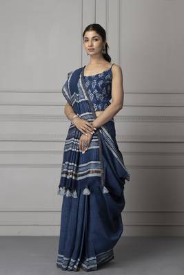   Hand Block Printed Indigo Pure Chanderi Silk Sustainable Saree 2