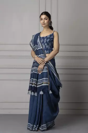   Hand Block Printed Indigo Pure Chanderi Silk Sustainable Saree
