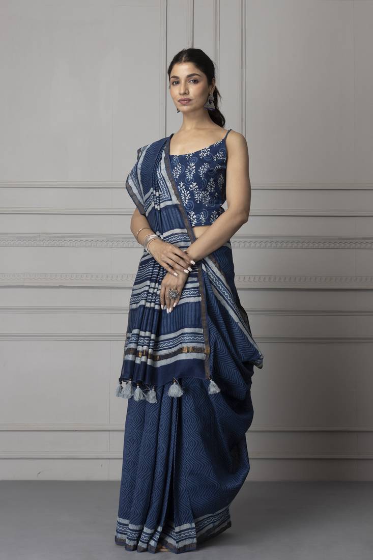Geroo Jaipur Hand Block Printed Indigo Pure Chanderi Silk Sustainable Saree