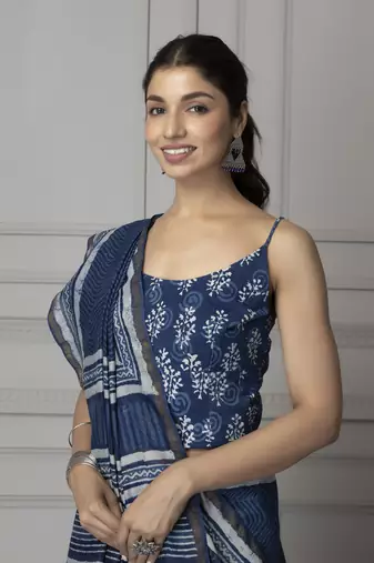   Hand Block Printed Indigo Pure Chanderi Silk Sustainable Saree