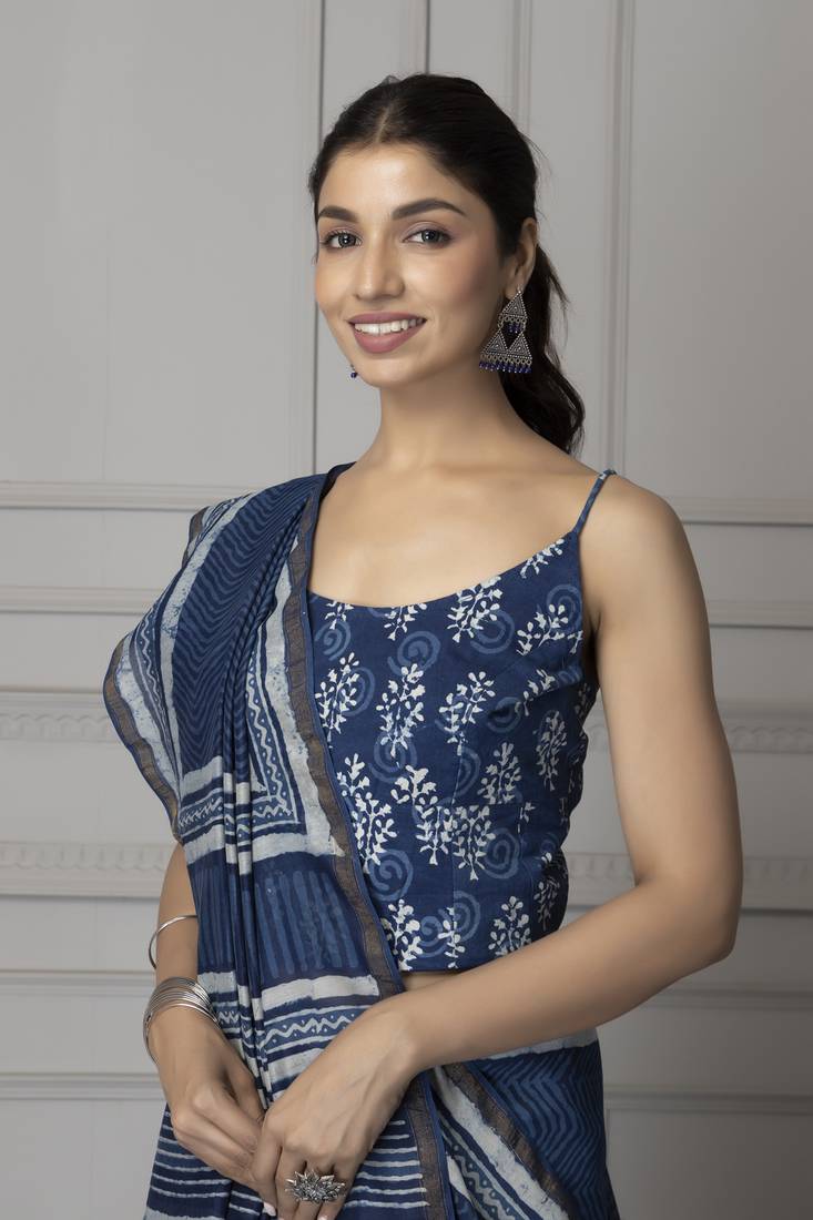 Geroo Jaipur Hand Block Printed Indigo Pure Chanderi Silk Sustainable Saree