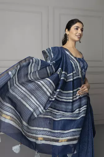   Hand Block Printed Indigo Pure Chanderi Silk Sustainable Saree