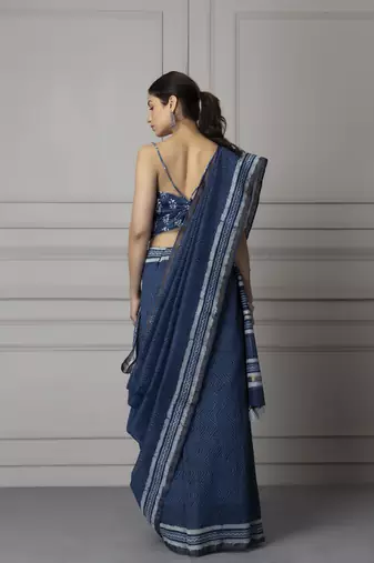   Hand Block Printed Indigo Pure Chanderi Silk Sustainable Saree