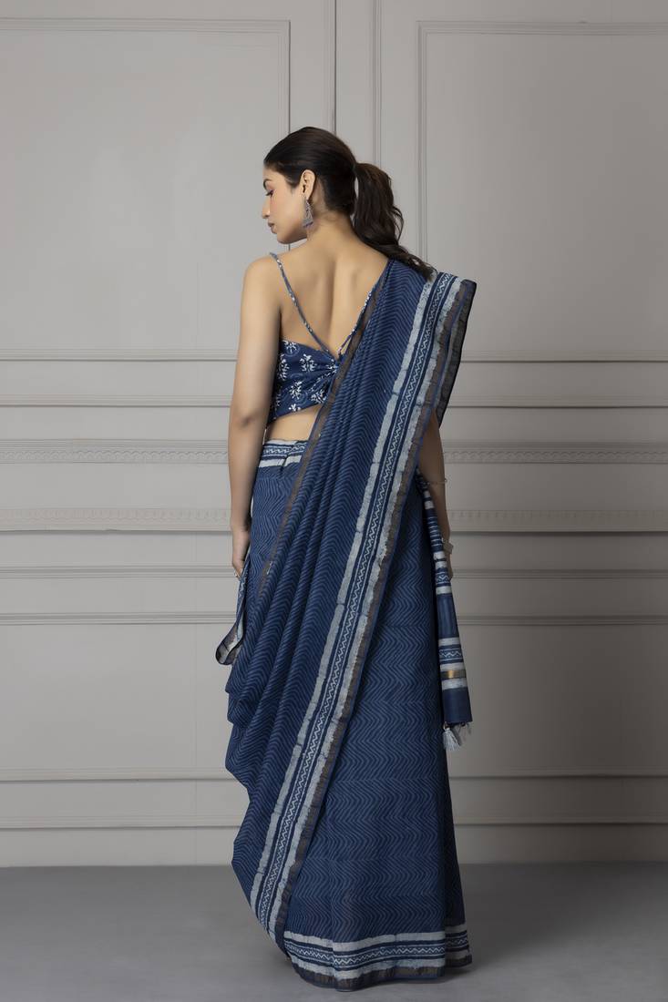 Geroo Jaipur Hand Block Printed Indigo Pure Chanderi Silk Sustainable Saree