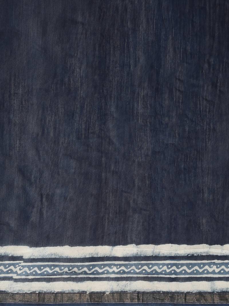 Geroo Jaipur Hand Block Printed Indigo Pure Chanderi Silk Sustainable Saree