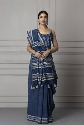   Hand Block Printed Indigo Pure Chanderi Silk Sustainable Saree 7