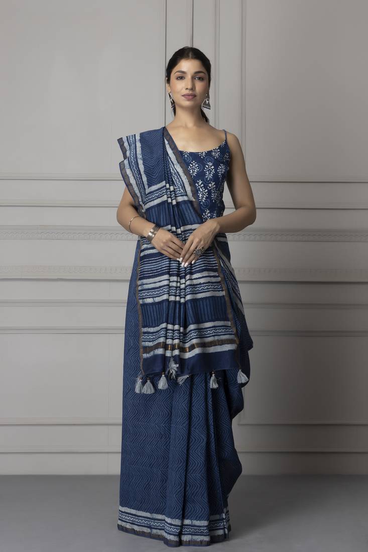 Geroo Jaipur Hand Block Printed Indigo Pure Chanderi Silk Sustainable Saree