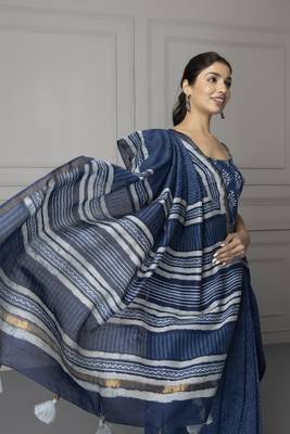   Hand Block Printed Indigo Pure Chanderi Silk Sustainable Saree 10