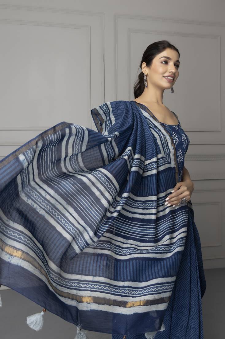 Geroo Jaipur Hand Block Printed Indigo Pure Chanderi Silk Sustainable Saree