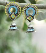 Silver-plated yellow and blue dome shaped jhumkas