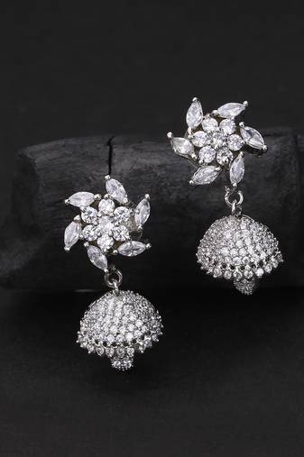 Women rhodium-plated cz stone studded flower shapped jhumki