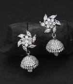 Women rhodium-plated cz stone studded flower shapped jhumki