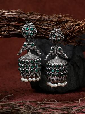 Women silver plated green peacock oxidized handcrafted jhumki 1