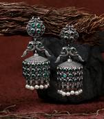 Women silver plated green peacock oxidized handcrafted jhumki