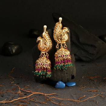 Women 24ct gold-plated peacock temple with pearl-tessel jhumka 1