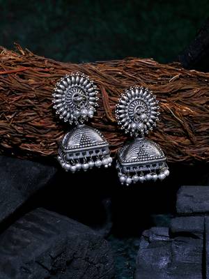 Oxidised silver-plated pearl-tessel dome shaped jhumki 1