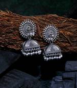 Oxidised silver-plated pearl-tessel dome shaped jhumki