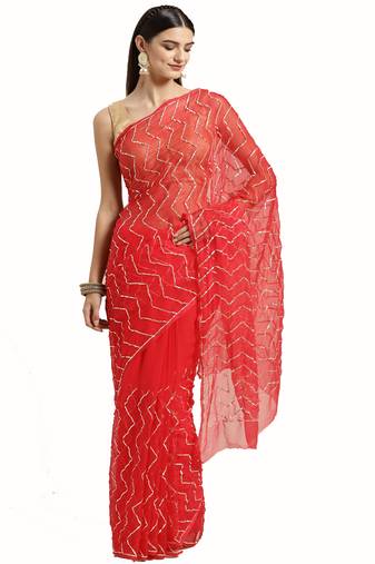 Geroo Jaipur Red Handcrafted Gota Jaal Chiffon Saree