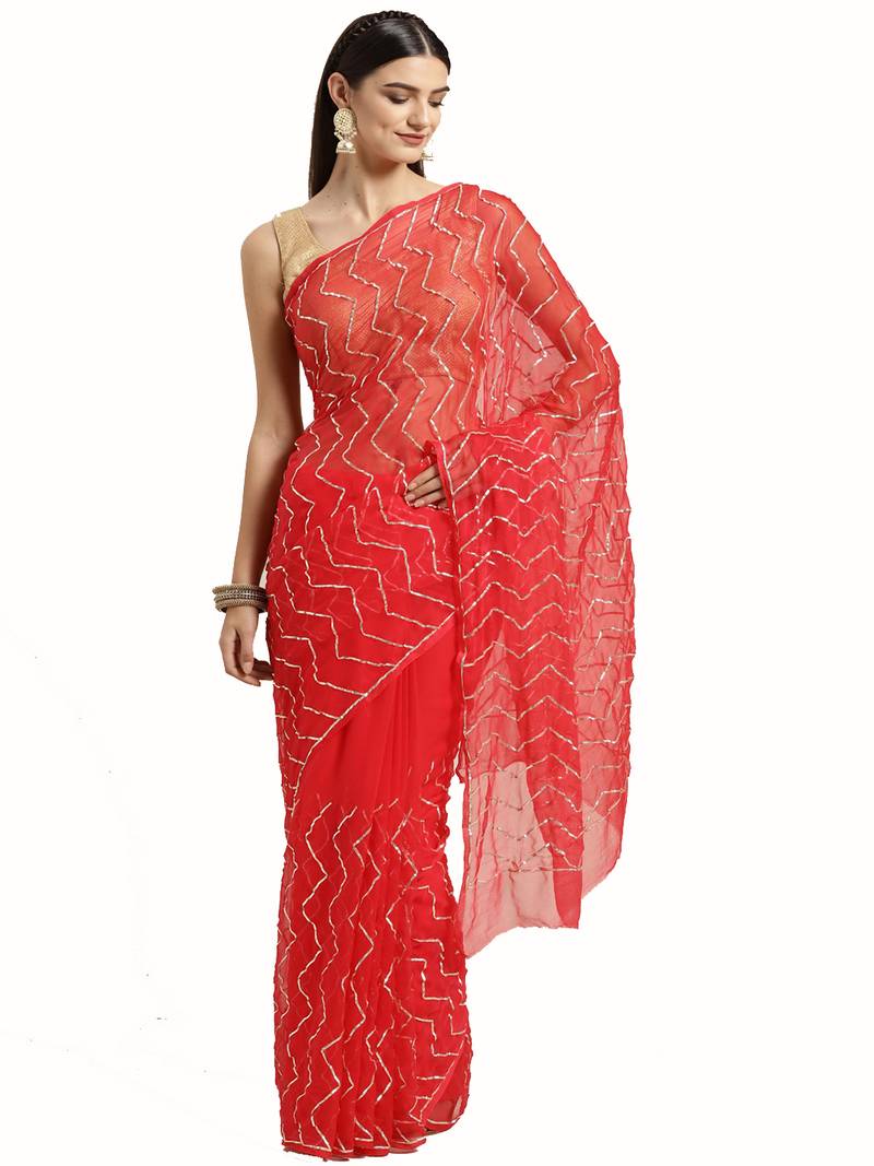 Geroo Jaipur Red Handcrafted Gota Jaal Chiffon Saree