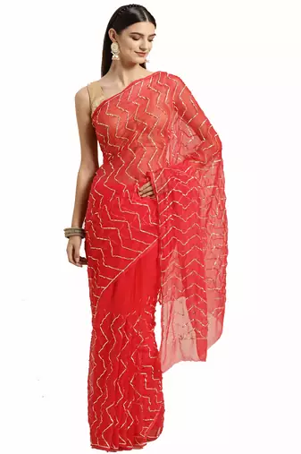 Geroo Jaipur Red Handcrafted Gota Jaal Chiffon Saree