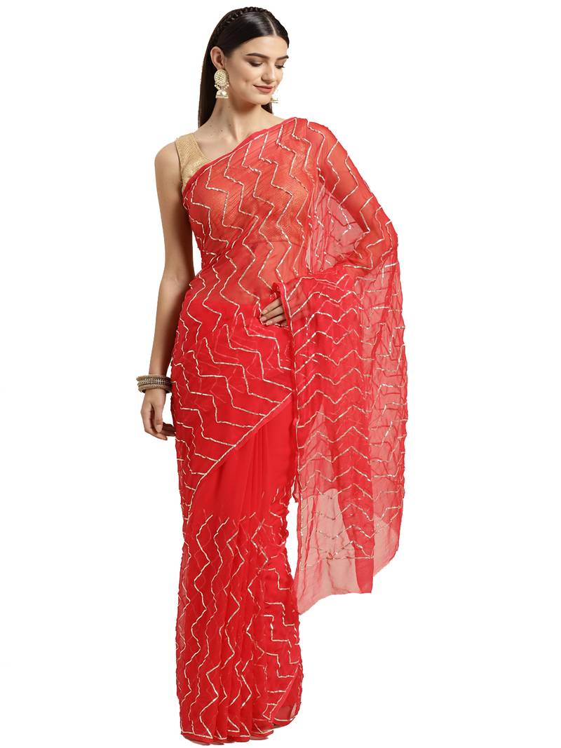 Geroo Jaipur Red Handcrafted Gota Jaal Chiffon Saree