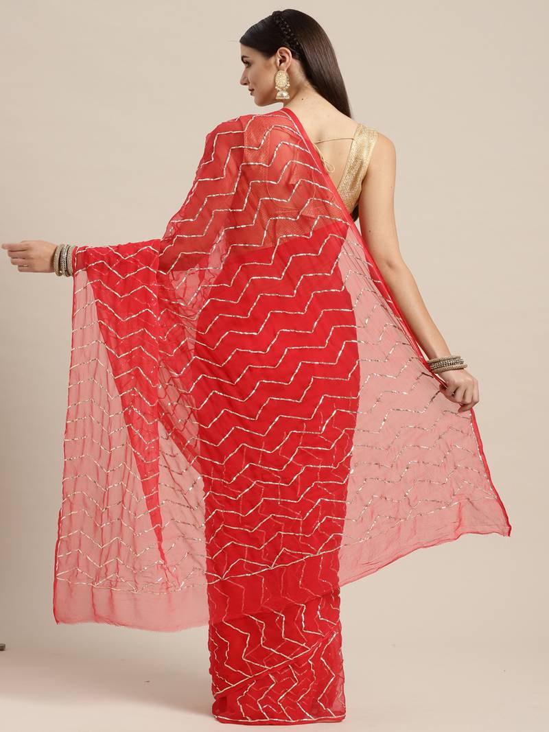 Geroo Jaipur Red Handcrafted Gota Jaal Chiffon Saree