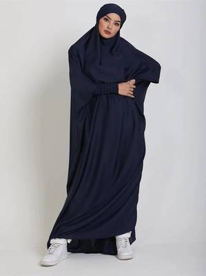 Modest City One-Piece Jilbab Full Sleeve Dolman Style Navy Blue Plain Crepe   1