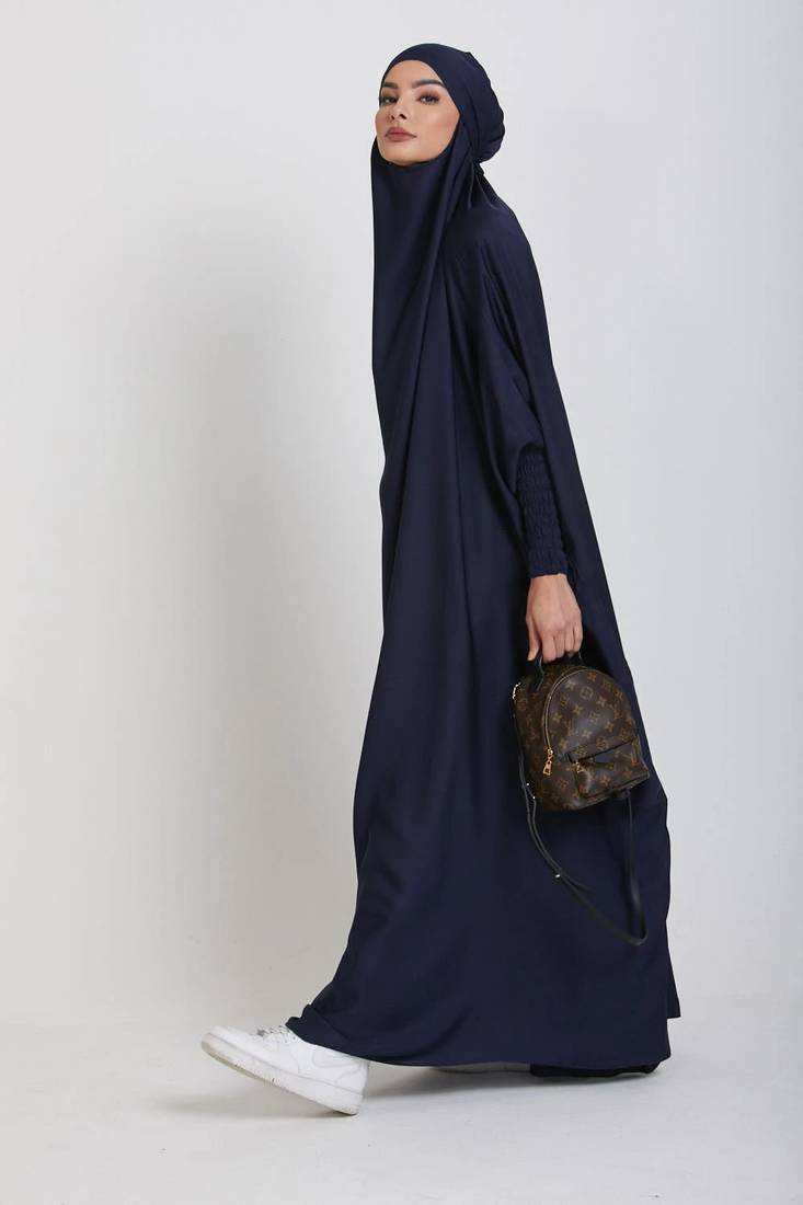 Modest City One-Piece Jilbab Full Sleeve Dolman Style Navy Blue Plain Crepe  