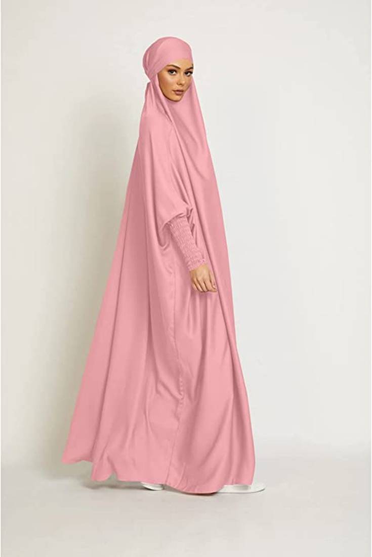 One Piece Full Length Jilbab Khimar Style with Chunnat Slevees/Dolman Sleeves Pink Color