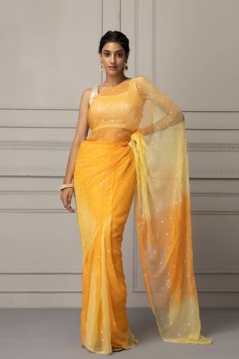 Yellow Shaded Hand Embroidered Chiffon Saree