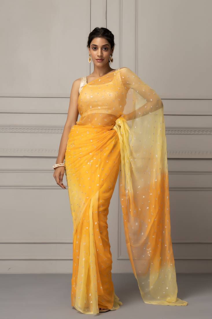 Yellow Shaded Hand Embroidered Chiffon Saree